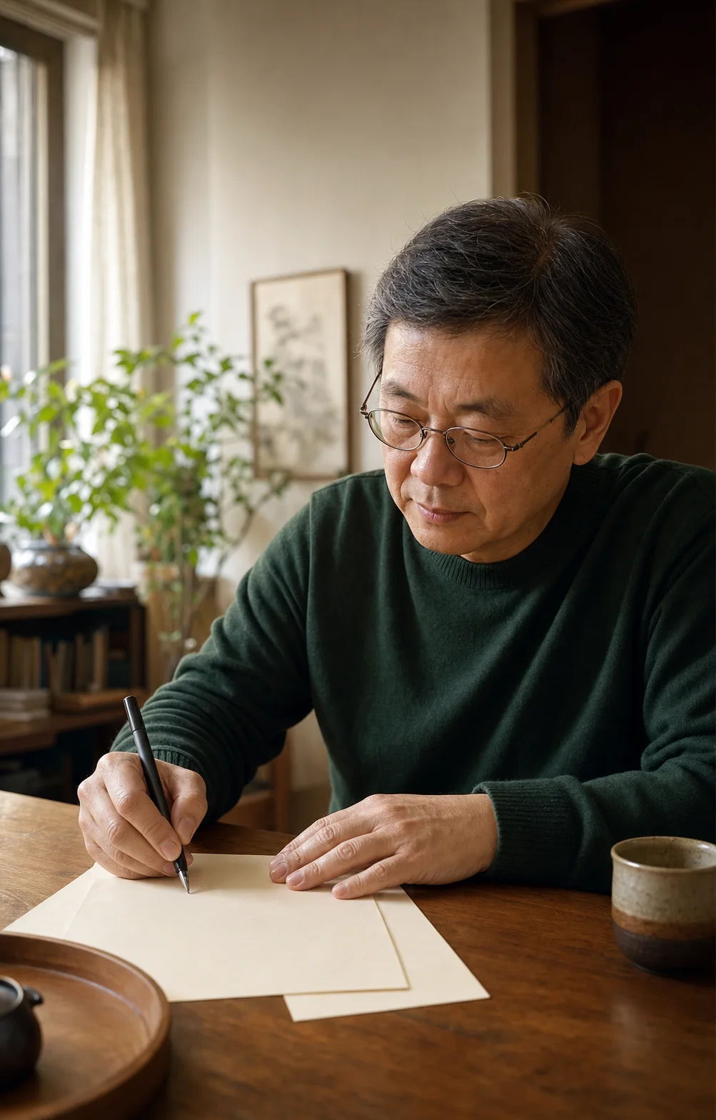 一位男子在家中專心書寫重要文件